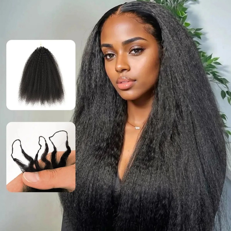 Scarlett Hair Woman with long, kinky-straight black hair extensions, showing texture detail