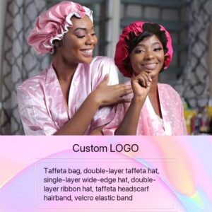 Scarlett Hair Custom logo taffeta wig bag & pink satin bonnets on women
