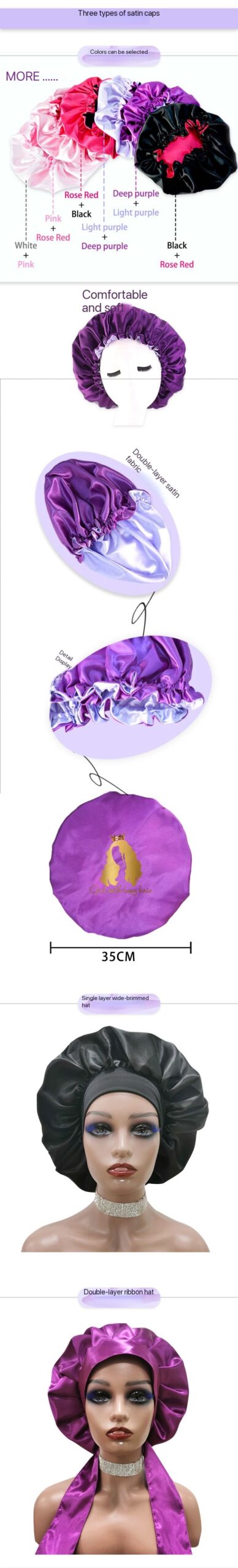 Scarlett Hair Various satin bonnets: single layer, double layer, and wide brimmed