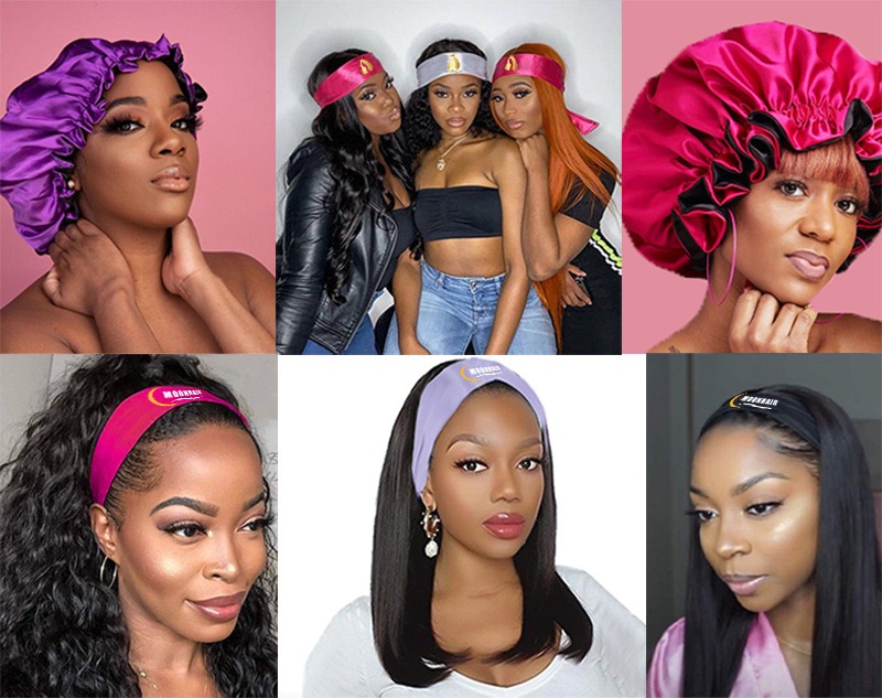 Scarlett Hair Women wearing satin bonnets and headbands, showcasing hair accessories.