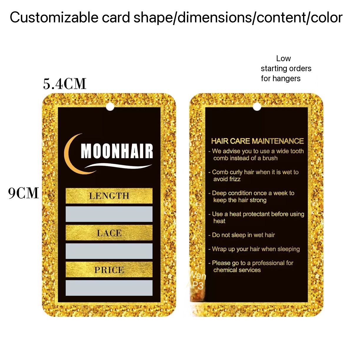 Scarlett Hair Customizable Moonhair hang tags with glitter border, 5.4x9cm.