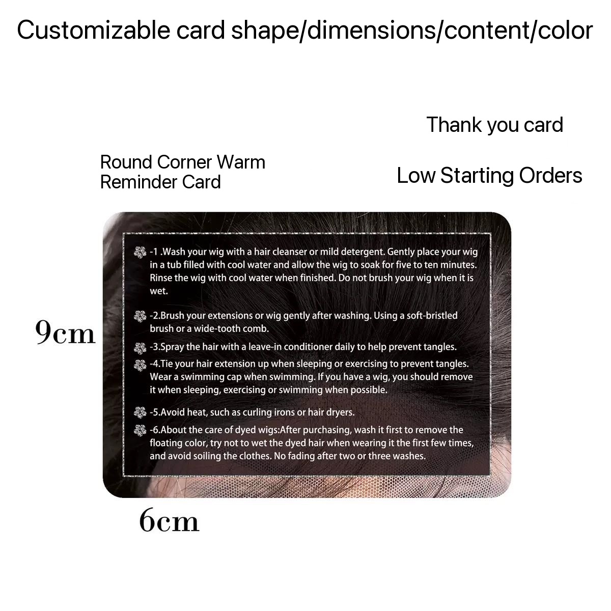 Scarlett Hair Customizable card with wig care instructions and dimensions 9cm x 6cm