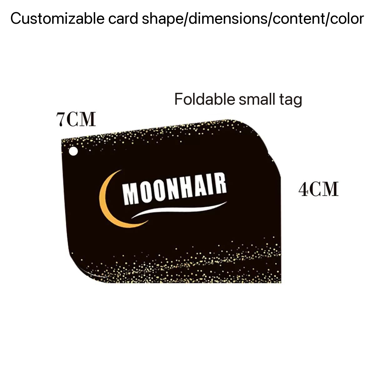 Scarlett Hair Customizable Moonhair hang tag, 7cm x 4cm, black with gold glitter