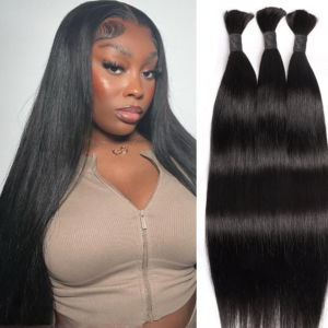 Scarlett Hair Model with long straight black human hair next to bundles of bulk straight human hair extensions