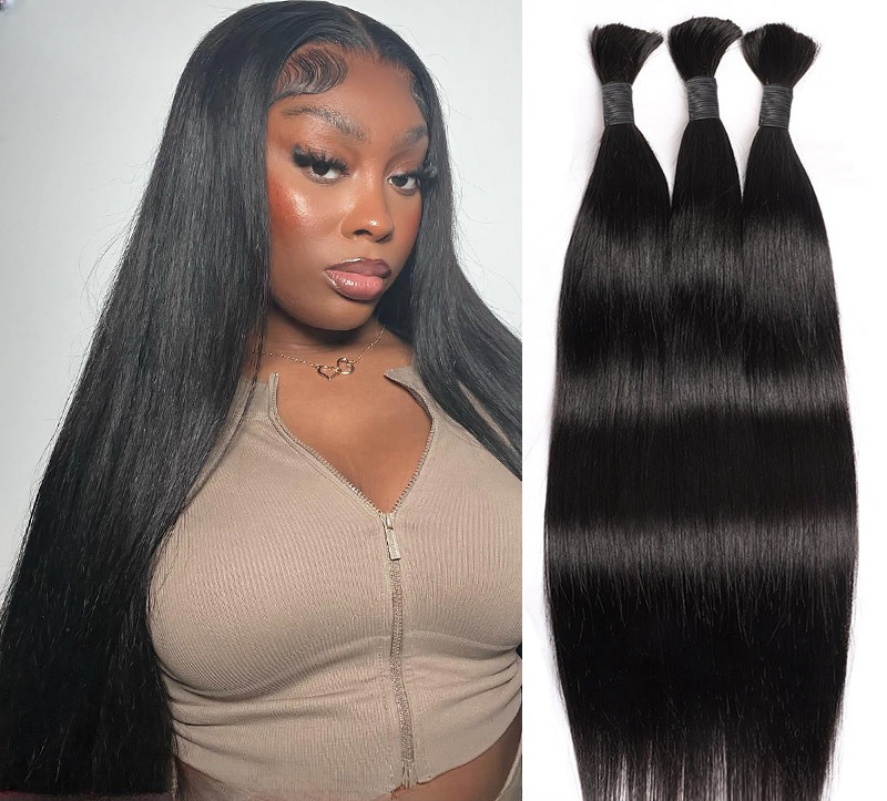 Scarlett Hair Model with long straight black human hair next to bundles of bulk straight human hair extensions